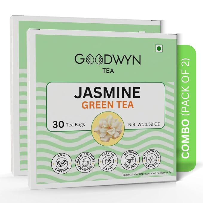 Goodwyn Jasmine Green Tea, 60 Tea Bags | 100% Green Tea with Real Jasmine Blossoms | Low Caffeine | Plastic Free Bags | Floral Aroma Blend