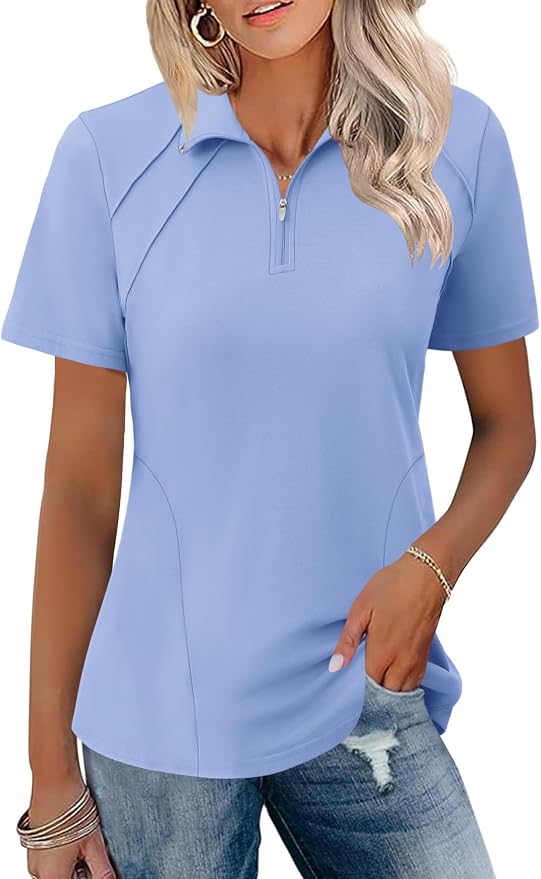 LOMON Womens Golf Polo Shirt Summer Short Sleeve Quarter Zip Outfit | Side-Pockets,Princess Seams,Cotton,Wrinkle Free,Moisture Wicking,Quick-Dry,Lightweight,Collared,for Tennis Workout