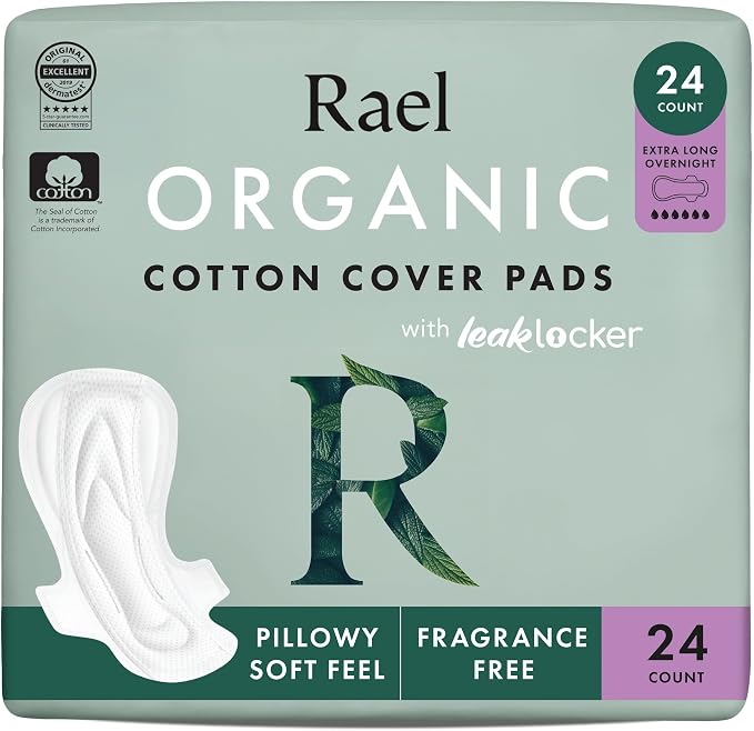 Rael Pads for Women, Organic Cotton Cover - Period Pads with Wings, Feminine Care, Sanitary Napkins, Ultimate Absorbency, Postpartum, Unscented, Ultra Thin (Extra Long Overnight, 24 Count)