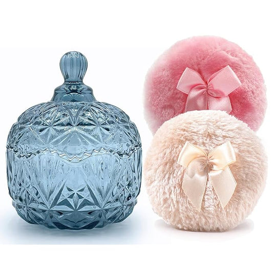 Luxury 4 Inch Glass Powder Container with 2 Soft 3.5" Puffs｜Non-Sealed Refillable Organizer for Makeup & Jewelry｜ Body Powder Jar(Crown-Grey Blue)