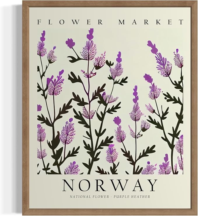 Norway Flower Market Art Print Poster, Wall Art Floral Painting Botanical Decor for Bedroom, Kitchen, Bathroom Livingroom Decoration 82B (Norway, 14"L x 11"W, Wood Frame)
