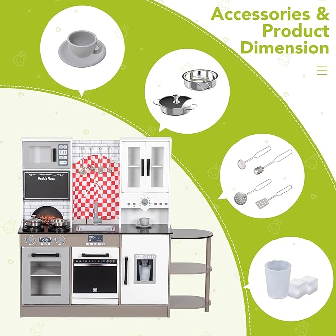 BRINJOY Play Kitchen Set for Kids, Wooden Toddler Kitchen Playset w/Curtains, Coffee Maker, Stove,Sink, Utensils, Light & Sound, Kids Pretend Play Kitchen Toy Set Gift for Girls Boys