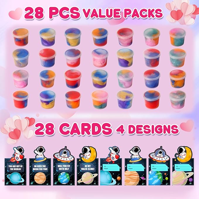 28 Pack Valentines Day Gifts for Kids School Classroom - Galaxy Slime Stress Relief Fidget Toys with Valentines Day Cards, School Classroom Exchange, Valentines Class Party Favors
