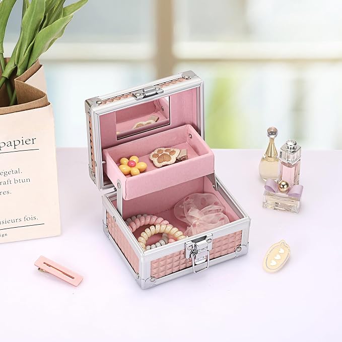 Hipiwe 2-Layer Jewelry Box with Mirror & Tray Aluminum Trinket Organizer | Hair Accessories Holder, Jewelry Storage Box for Necklace Earrings Rings Gift for Women, Rose Gold 4.7"x 3.7"x 3.1"