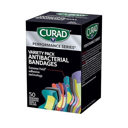 CURAD Performance Series Antibacterial Bandages, Extreme Hold Adhesive Technology, Finger & Knuckle Bandages, Flexible Fabric, Variety Pack with Assorted Sizes & Colors, 50 Count