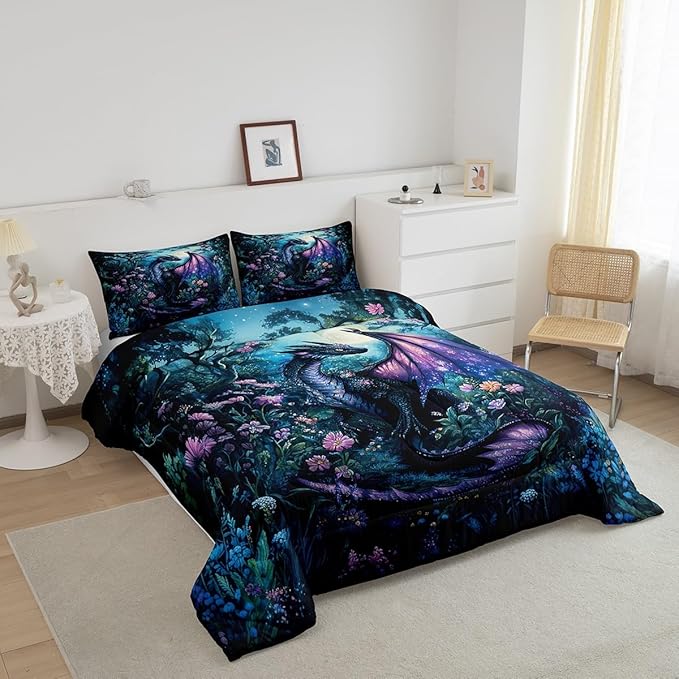 Feelyou Dragon Comforter Set Queen Size Comforter for Boys Girls Teens Wild Life Bedding Set Jungle Dragon Duvet Set Room Decor Balck Blue Quilt Set