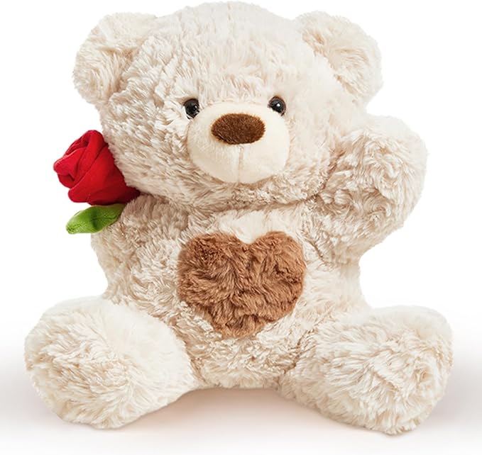 Rose Teddy Bear Stuffed Animals Soft Plush Toy Teddy Bear with Rose Gift for Mother Girlfriend Birthday Wedding 10", White