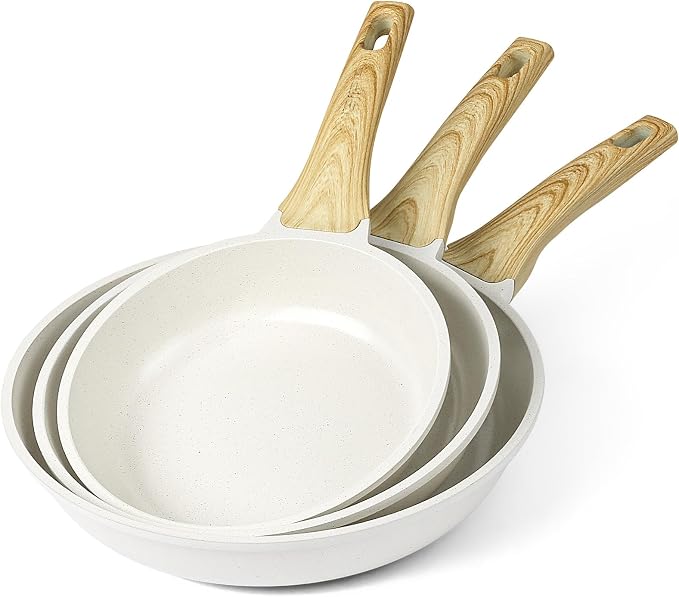 GiPP Non Stick Frying Pan Set - 9.5" 10.2" 11" Granite Nonstick Pan Skillet, Non Toxic Pans for Cooking, Omelette Pans with Stay Cool Handle, Induction Compatible, PFAS/PTFE/PFOA Free, White
