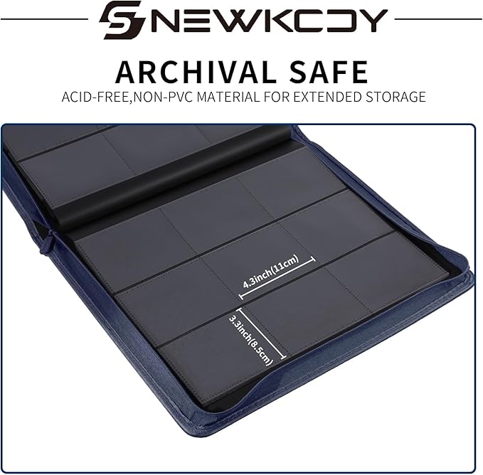 Snekdy Top loader Binder, 9 Pockets Top Loader，Holds 360 Top Loaders cards, Card binder with Sleeves for card in 3 x 4 inches color smooth Zipper PU Leather (Blue)
