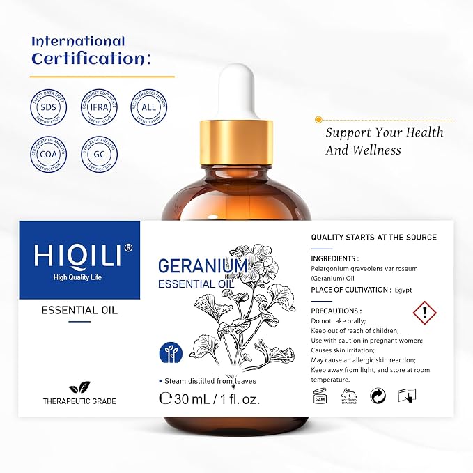 HIQILI 30ML Geranium Essential Oil， for Skin, Diffuser & Candle - 1.01 Fl.Oz | Refreshes Air, Repels Bugs, Soothes Skin & Mind, Great for Aromatherapy, DIY Soap & Candle - 30mL / 1.01 fl.oz