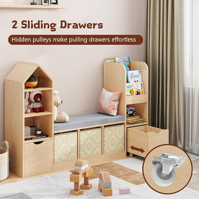 Vabches Toy Storage Organizer for Kids Bookshelf with Reading Nook, Multifunctional Kids Bookcase with 7 Storage Cubbies, 2 Movable Drawers and Seat Cushion for Keeping Kids' Toys Books Organized, Oak