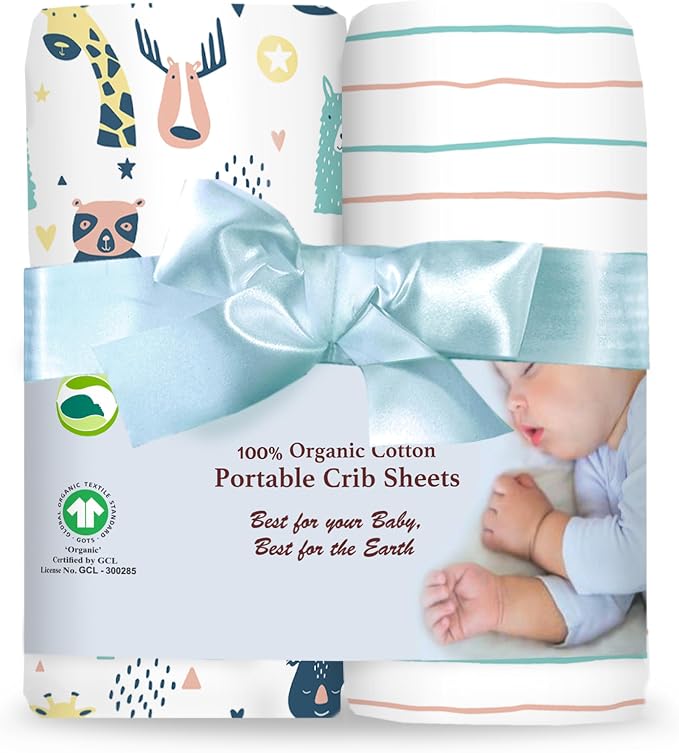 100% Organic Cotton Fitted Sheets Perfectly Compatible with Graco Pack n Play, Babyletto, Pamo Babe, Hiccapop, Dream on Me, Evenflo, Baby Trend Portable/Mini Crib/Playards. 2 Pk