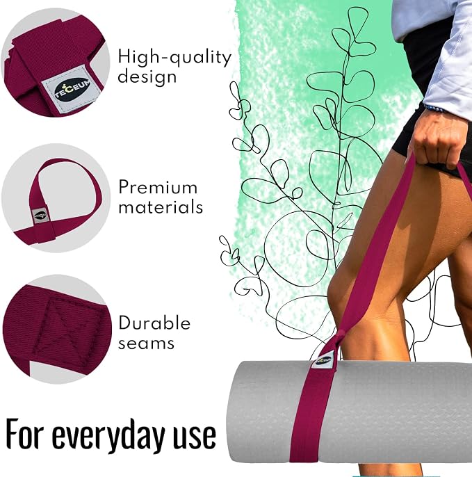 TECEUM Yoga Mat Strap – Extra Soft & Thick Cotton Carrier for All Mats | Adjustable Skin-friendly & Non-Slip Mat Holder Sling in 30+ Colors [Mat Not Included]