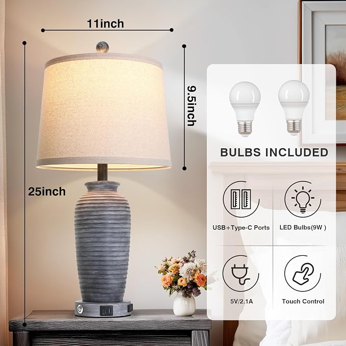 CINSARY 25" Retro Distressed Black Farmhouse Jar Table Lamps Set of 2, 3 Way Touch Control Rustic Bedside Lamps with USB A+C Ports & AC Outlet, Pot Nightstand Lamps for Bedroom Living Room