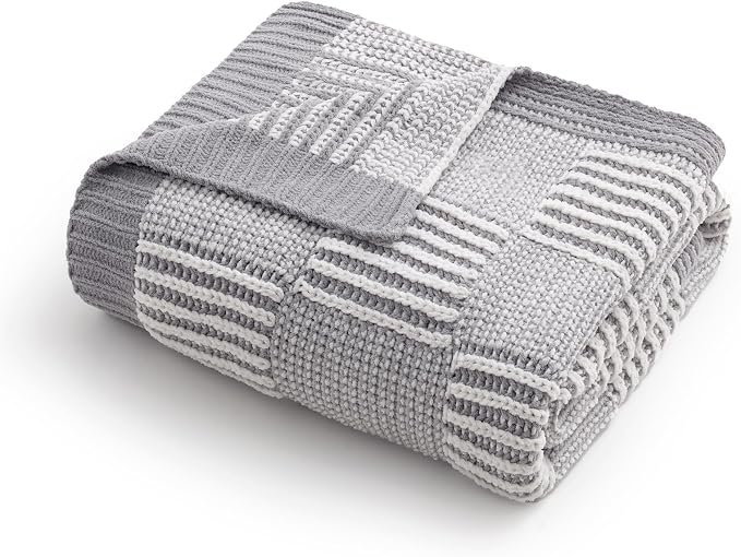Knit Throw Blanket, Soft Chenille Cozy Breathable Dual Tone Checkered Chunky Decorative Blanket for Couch, Bed & Sofa, French-Inspired Lightweight Warm Gift for Women, Gray, 50"x60"