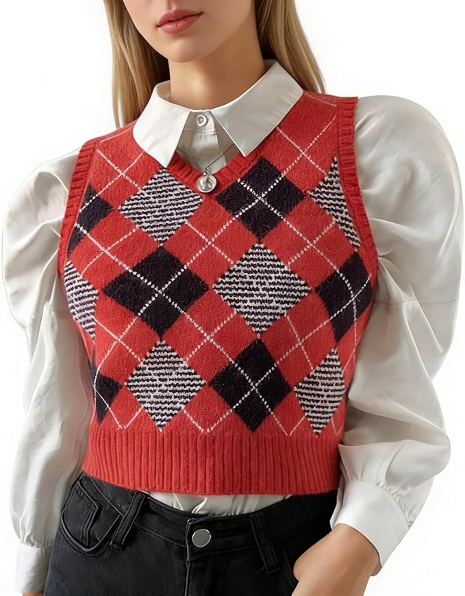 Women's Sweater Vest,Y2K Sleeveless Pattern Preppy Style Knitted Crop Tank Top for Girl