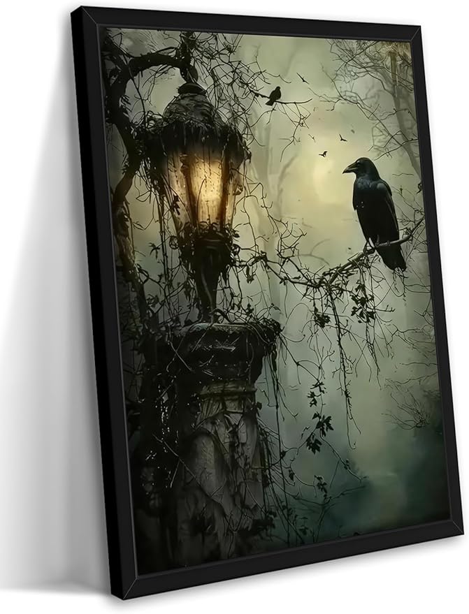 Gothic Decor Framed Wall Art, Vintage Dark Academia Canvas Prints, Horror Forest Crow Wall Decor for Living Room Bedroom Home Decor – Black Wooden Frame 16x24in