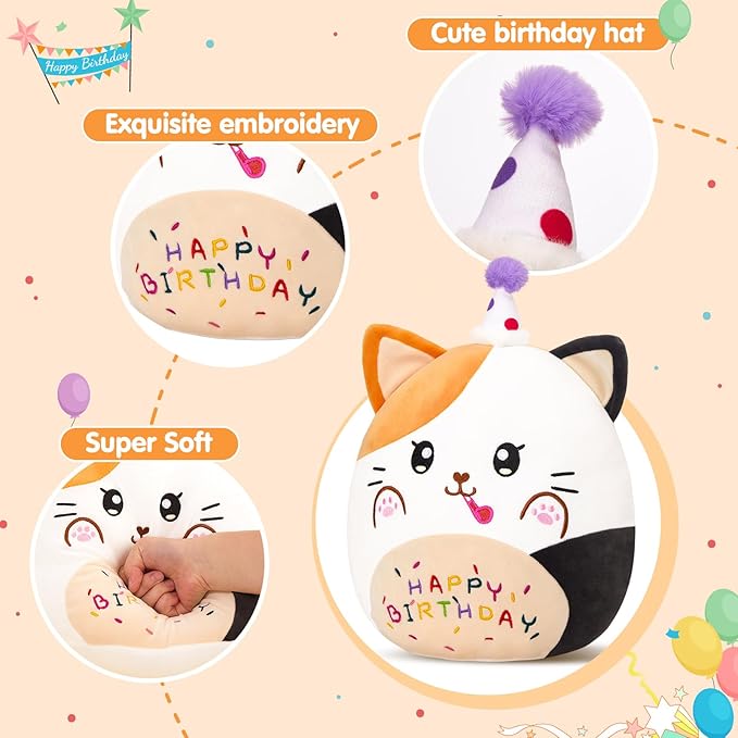 12” Birthday Cat Plush Pillow, Cat Stuffed Animal, Kawaii Plushie Soft Plush Toy Birthday Decor Gift for Kids Toddlers Girls Boys