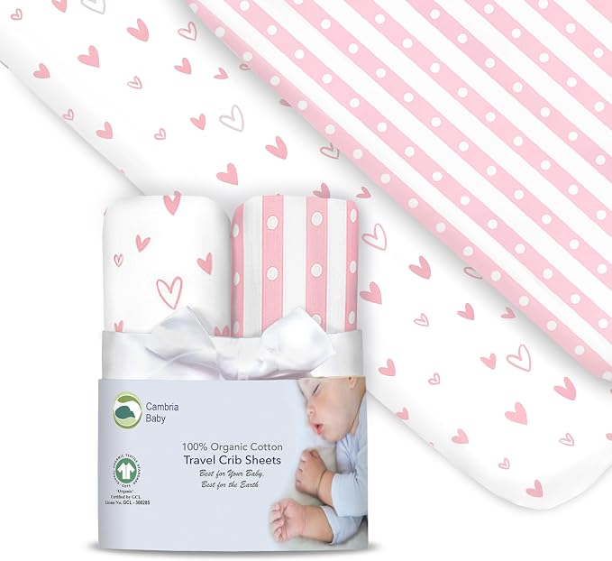 100% Organic Cotton Fitted Travel Crib Sheets, Perfectly Compatible with Guava Lotus, BabyBjorn, Dream On Me and All mattresses 22-26" Wide by 40-44" Long. Strap Holes in Corners. 2 Pk