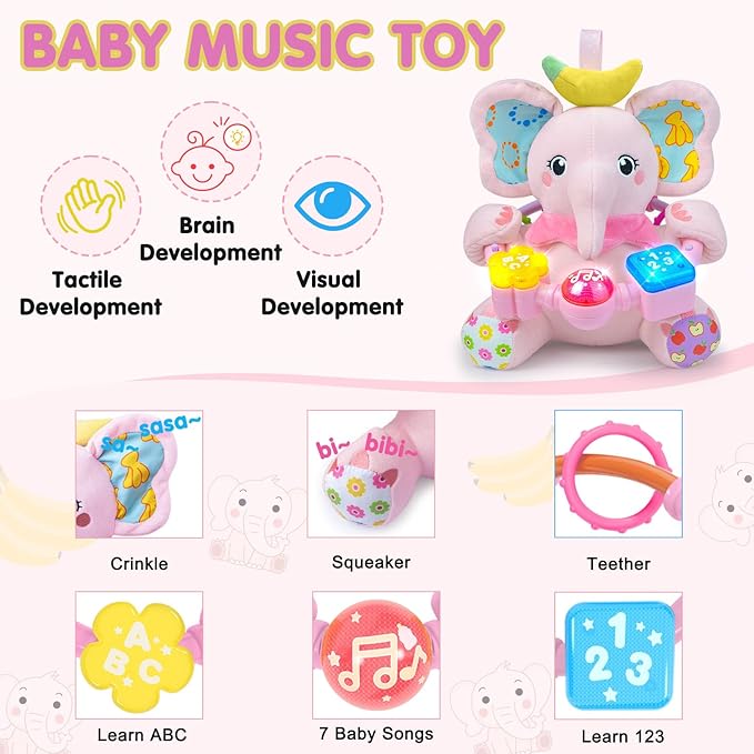Baby Bilingual Musical Elephant Stuffed Animals Toys,Infant Early Learning Toy with Light-Up Music & Crinkle,Tummy Time Toys for 0 3 6 9 12+ Months for Baby Boy Girl Gift,Pink