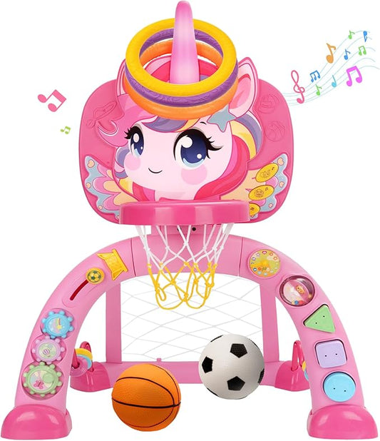 Fabeto Basketball Hoop & Soccer Goal for Toddlers – 3-in-1 Sports Play Set with Ring Toss | Indoor Outdoor Activity Toy for 1 2 3 Year Old Boys | Birthday for Active Play (Pink)