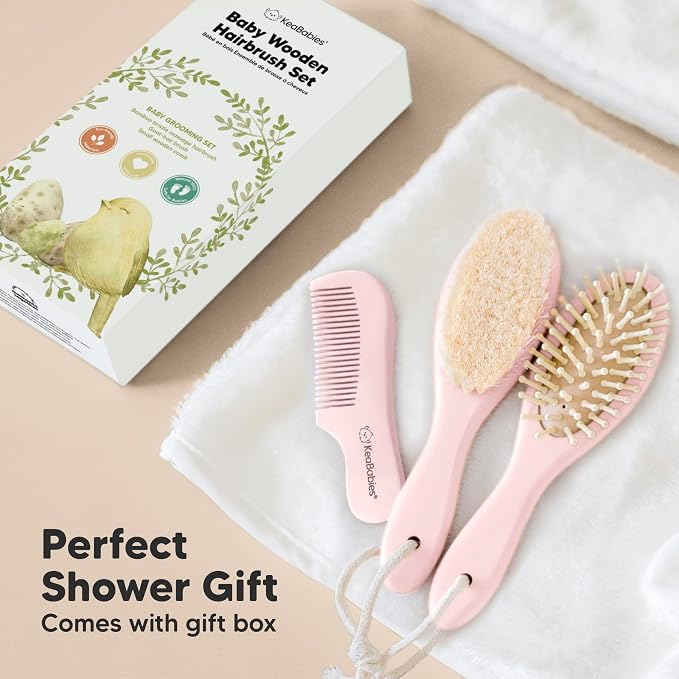 Wooden Baby Hair Brush Set for Newborns, Toddlers - Soft Goat Bristle Baby Brush and Comb Set Newborn Grooming Kit for Cradle Cap Care, Durable & Gentle, Boy, Girl Infant Essentials (Regular, Blush)