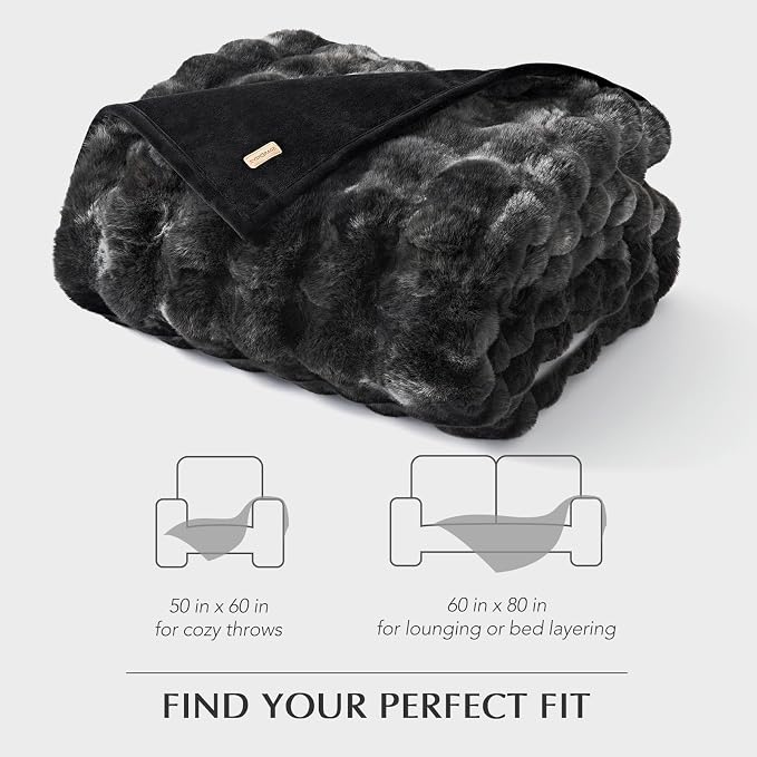Faux Rabbit Fur Bubble Throw Blanket, 60"x80", Marble Black | Ultra Soft, Luxury Faux Rabbit Fur Throw, Thick Warm Bubble Blanket, Cozy Fluffy Reversible, for Bed, Couch, Chair, Sofa