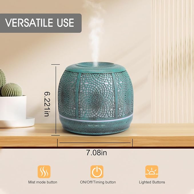 Large Essential Oil Aromatherapy Diffuser for Home Bedroom Metal Hollow Decorative Room Ultrasonic Air Scent Mist Aroma Diffuser 500ML Defusers -Green Copper
