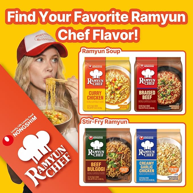 Nongshim Ramyun Chef, Instant Ramyun Noodles with Soup Mix, Curry Chicken, 4.02 Oz (Pack of 4)