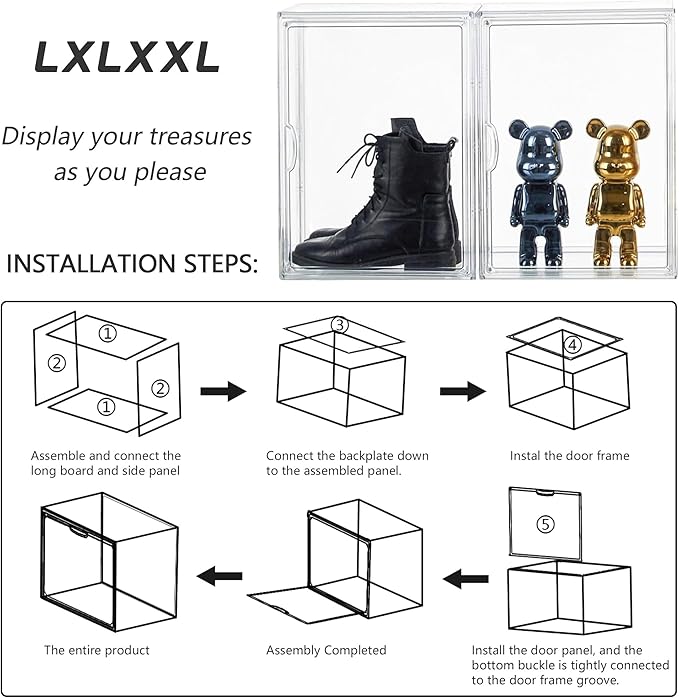 Acrylic Box Display Case, Clear Plastic Stackable Storage Bins with Magnetic Attraction Lid, Showcase for Cosmetic, Large Figures Collectibles (5 Pack, X-Large)