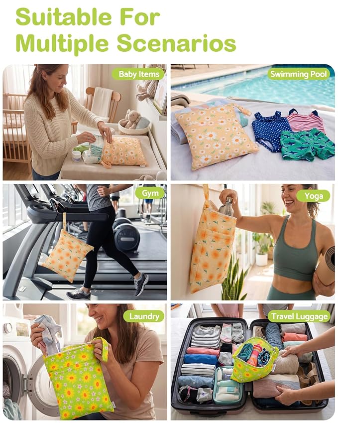 ALVA ALVABABY 3pcs Medium Cloth Diaper Wet Dry Bags Waterproof Reusable with Two Zippered Pockets Travel Beach Pool Daycare Soiled Baby Items Yoga Gym Bag for Swimsuits or Wet Clothes 3L-ZM46