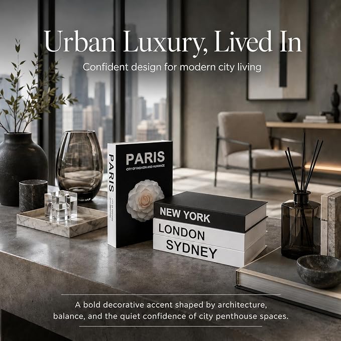 4 Pcs Decorative Books | Faux Travel Coffee Table & Shelf Decor | Worldly Eclectic Look for Living Room, Office and Entryway - Not Real, Tool-Free 2-Min Setup