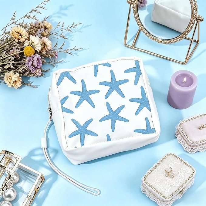 Starfish Period Bag Pouch 5.12 x 5.12 x 1.57 Inch Sanitary Napkin Storage Bag with Zipper Portable Reusable Waterproof Polyester Menstrual Pad Pouch First Period Gifts for Women Daily Use