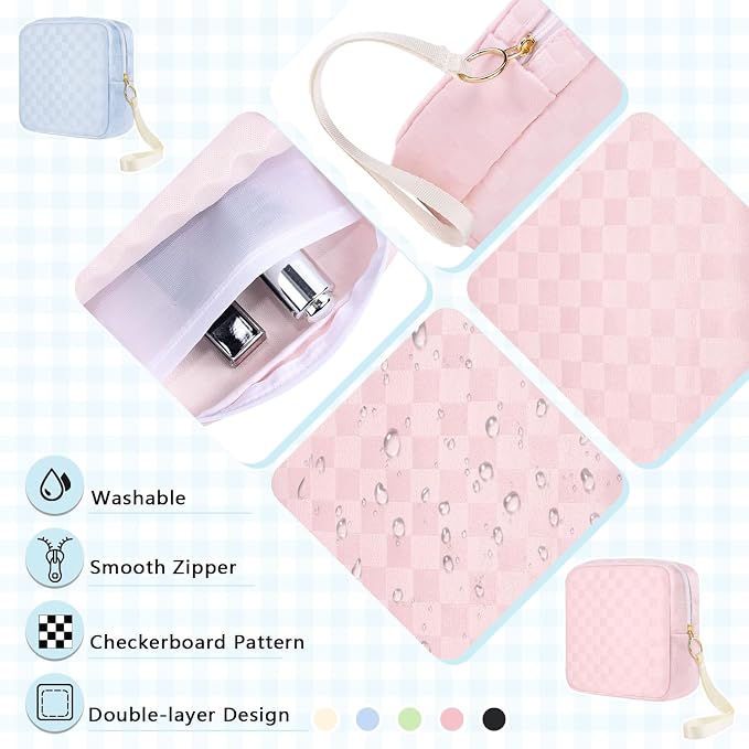 Likesing Tampon Holder for Purse, Upgraded 5.3" Checkered Period Bag, Sanitary Napkin Storage Bag with Wrist Strap for Girls Women, Thickened Portable Period Pad Pouch(Pink)