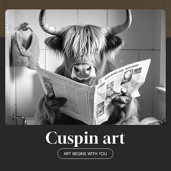 Framed Black and White Bathroom Wall Art Decor, 4 Piece Modern Animal Canvas Prints Painting Artwork, Dog Highland Cow Giraffe Sitting on Toilet Reading Newspaper Pictures for Toilet Restroom, 11x14