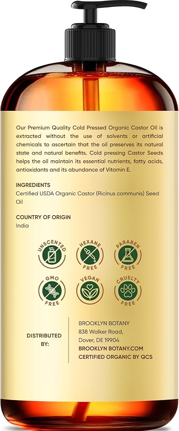 Brooklyn Botany Cold-Pressed Organic Castor Oil | 16 Fl Oz | Hair | Face | Body | 100% Pure and Natural | Carrier Oil | Aromatherapy | Massage | Ayurvedic Hair Care | Hexane-Free