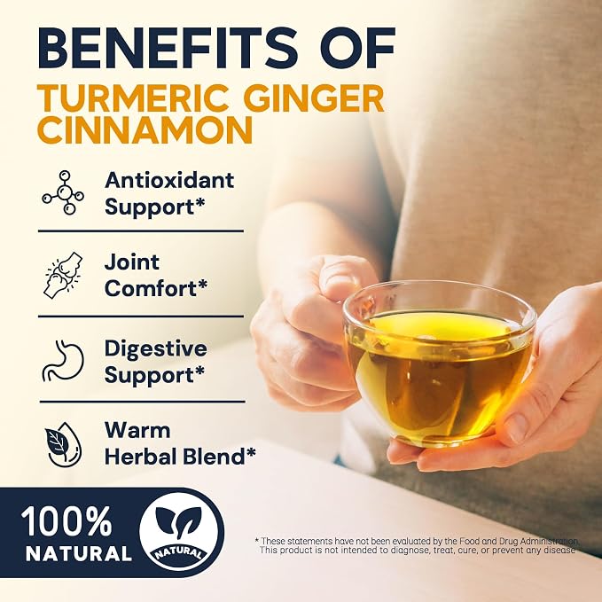 Turmeric Ginger Cinnamon Tea Bags, Turmeric Ginger Herbal Tea, No Sugar, No Caffeine, 50 Teabags