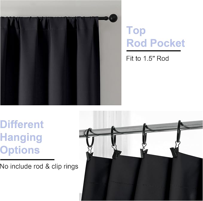 Simplebrand Ava Black Blackout Curtains for Bedroom 63 Inch Length 2 Panels Set, Solid Thermal Insulated Privacy Living Room Window Treatment Curtains Blackout Drapes, W50 x L63 Inch
