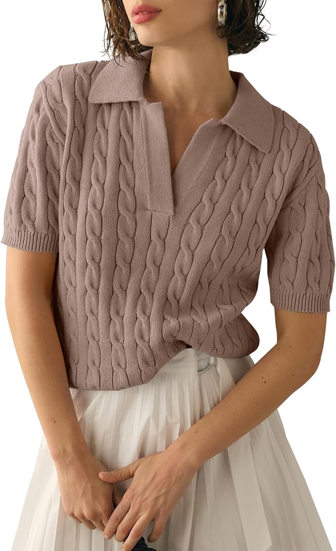 Imily Bela Womens Cable Short Sleeve Sweaters Tops Lapel V Neck Knit Shirt | Solid,Knit Casual,Soft Pullover,Fall Sweaters,Womens Summer Work Tops