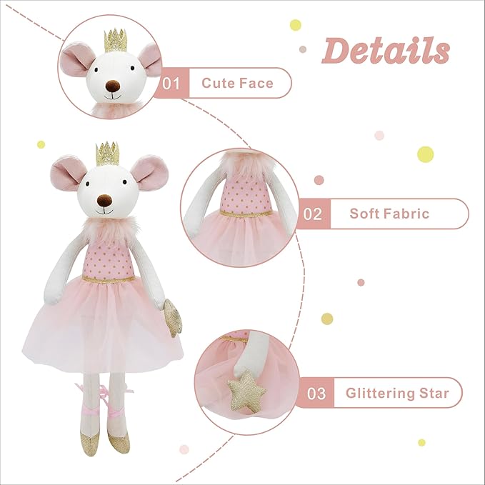 Princess Mouse Stuffed Animals,15.7" Pink Rat Plushies with Lace Skirt,Cute Stuffed Animal for Girls As Birthday