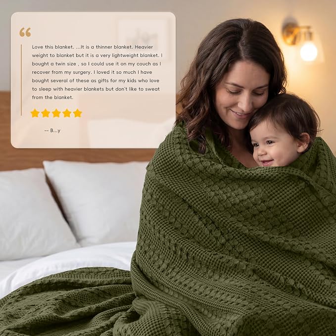 PHF 100% Cotton Waffle Blanket Twin Size, Lightweight Breathable Summer Blanket for Hot Sleepers, Pre-Washed Soft Layer for Bed, Dorm, Couch & Guest Room, Home Decor Gift, 66"x90", Capulet Olive