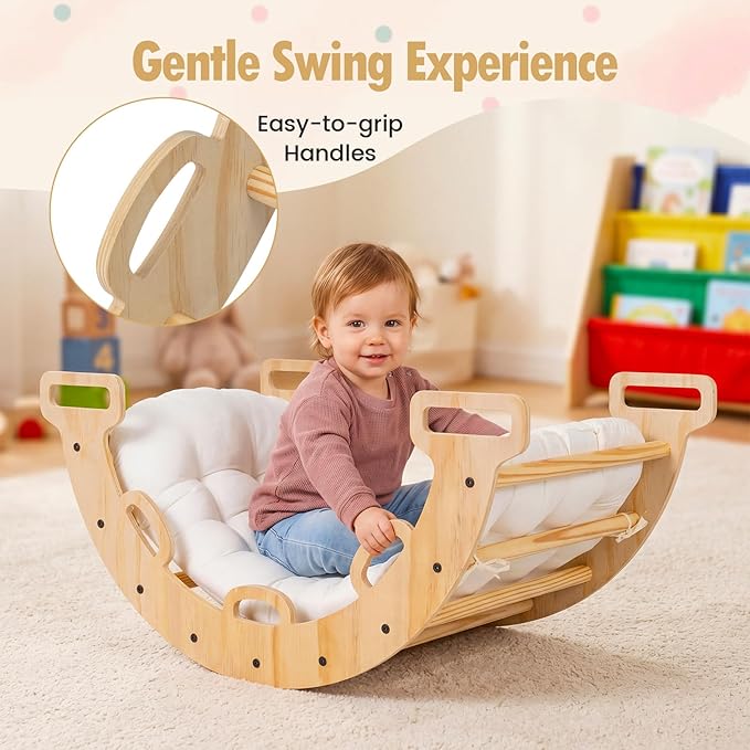 Costzon Wooden Rocking Climbing Arch w/Cushion, 3-in-1 Montessori Kids Climber Rocker for Toddlers, Playground Climbing Ladder Toy, Indoor Gym Learning Playset for Boys Girls Ages 1+ (Wood Color)