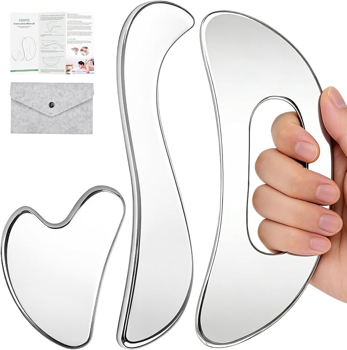3-in-1 Stainless Steel Gua Sha Massage Tool Set, Muscle Scraper & IASTM Tools for Soft Tissue Mobilization, Myofascial Release, Body Skin Massage, Physical Therapy Sore Muscle Relief with Travel Pouch