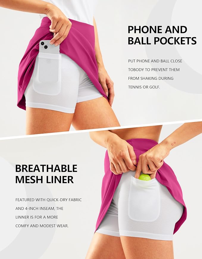 16" Golf Skirt with 2 Zipper Pockets | Tee Holder, Mesh Shorts, High Waisted, Casual, Pickleball, Athletic, Tennis, Skorts for Women