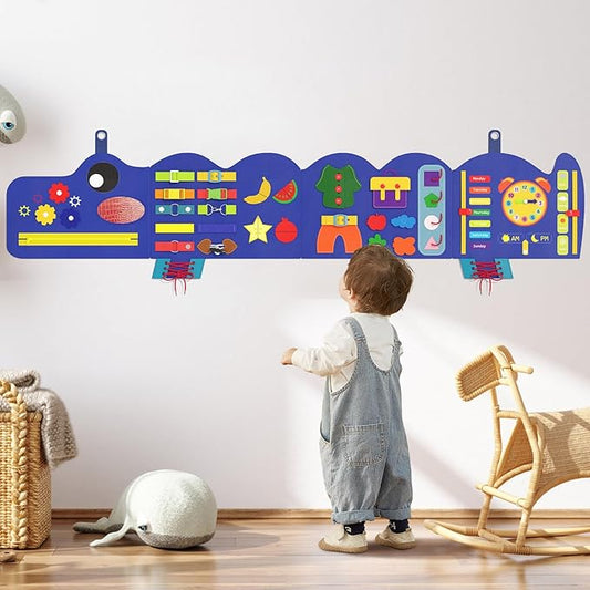 Crocodile Montessori Busy Board - Sensory Wall Panel for Kids, Felt Activity Cube for Toddlers, Daycare Toys, Playroom Furniture Essentials, Wall Mounted Sensory Board Toy Gift for Boys Girls, 3-6