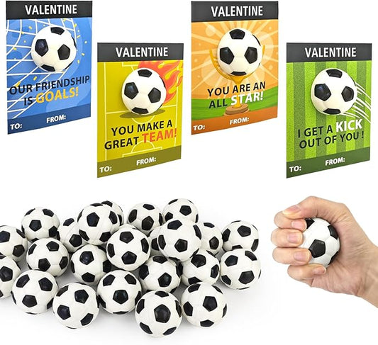 Soccer Valentines Day Cards Gifts for Kids School,24 Pack Mini Foam Sports Soccer Toys W/ Class Exchange Cards for Boys Girls,Valentine Goodie Bag Stuffers Classroom Games Favors Prizes for Toddlers