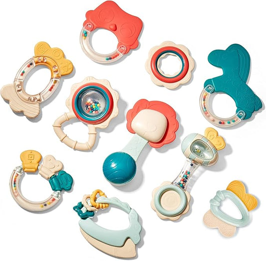 hahaland Baby Toys 0-6 Months - Baby Rattles Teething Toys 3-6 Months, Newborn Infant Toys 6-12 Months, Teether Grasping Shaker Toy Baby Gifts 6 5 4 3 Month Old Must Haves Montessori Rattle for Babies