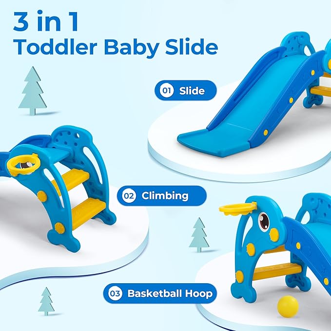 NYEEKOY 3 in 1 Toddler Slide, Baby Slide Plastic Climber Playset with Basketball Hoop and Ball, Indoor and Outdoor Playground for Kids