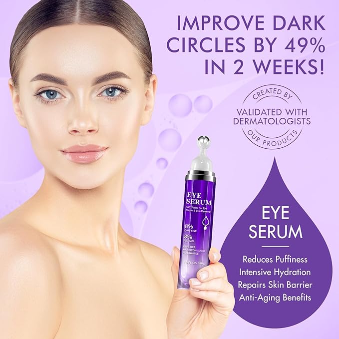 Advanced Eye Serum,8% Caffeine 8% Retinol Eye Treatment Cream,for Dark Circles Under Anti Aging Eyes Under Serum with 360°Massage Roller for Massage Ball 0.5 fl.oz