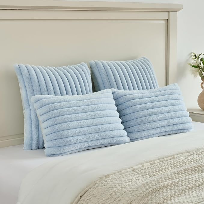 FUTEI Pack of 2 Faux Fur Throw Pillow Covers 16x16 Inch, Light Blue | Fluffy Faux Rabbit Fur Front/Premium Velvet Back,Hidden Zipper,Machine Washable,Non-Shedding,Colorfast,Insert Not Included.